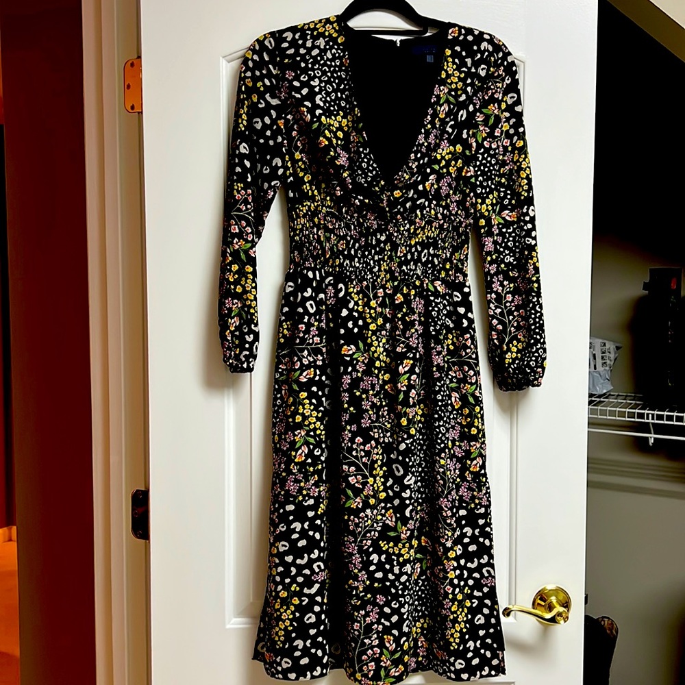 Rachel Roy Floral Print on Leopard Pattern Long Sleeve Midi Dress